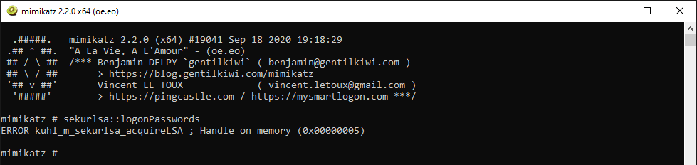 sekurlsa::logonPasswords Fehler
